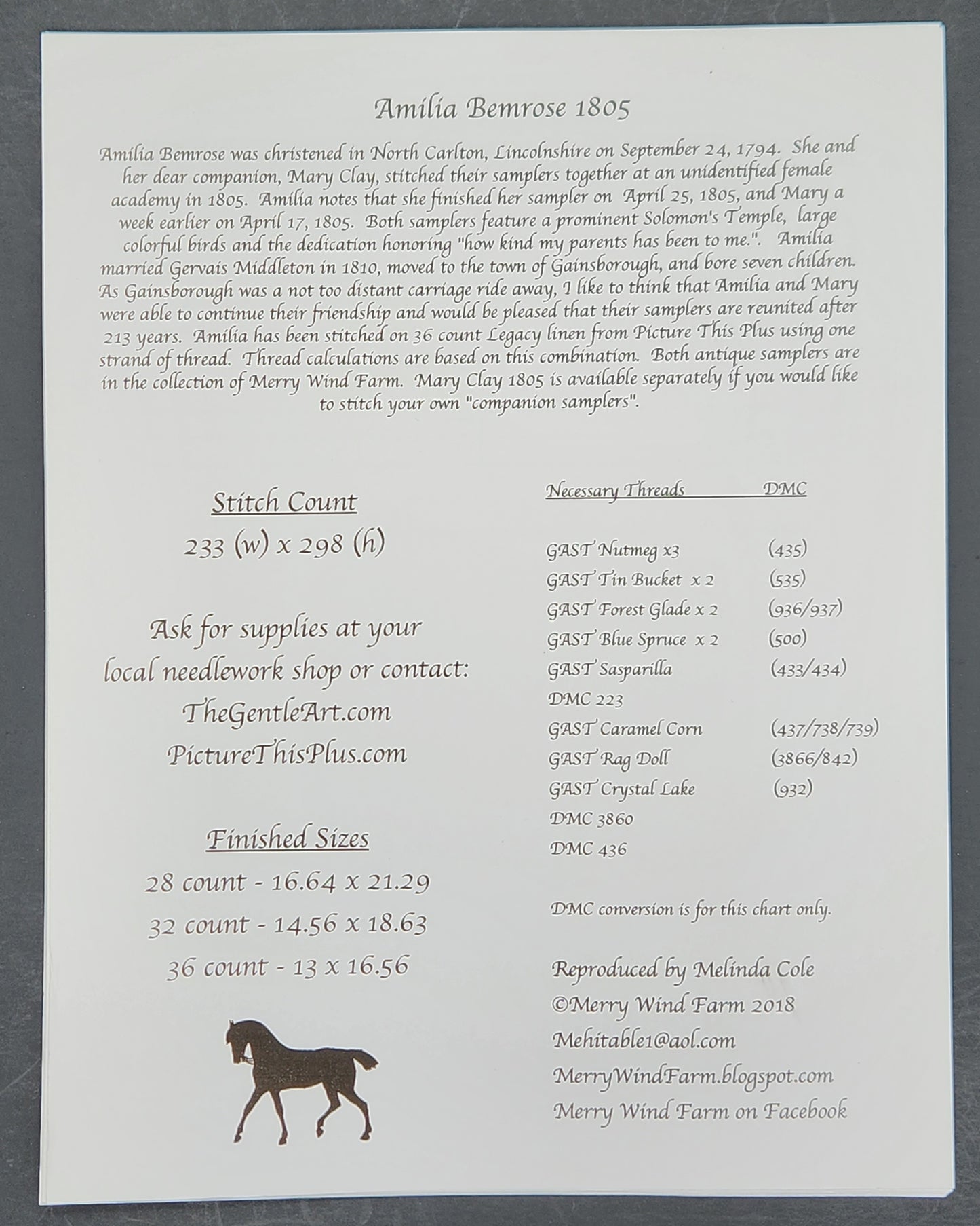 Amilia Bemrose 1805 - A Companion Sampler to Mary Clay