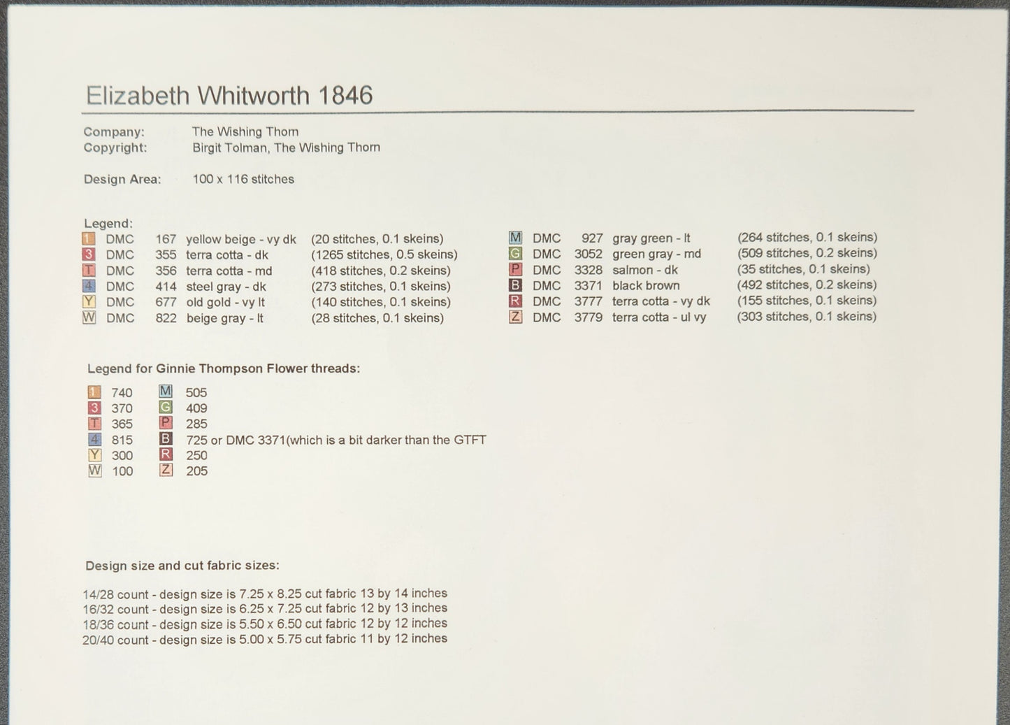 Elizabeth Whitworth Sampler 1846