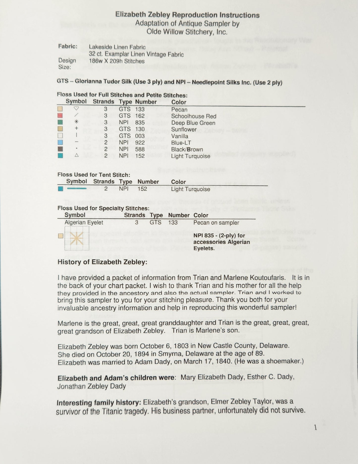 Elizabeth Zebley Sampler and Accessories