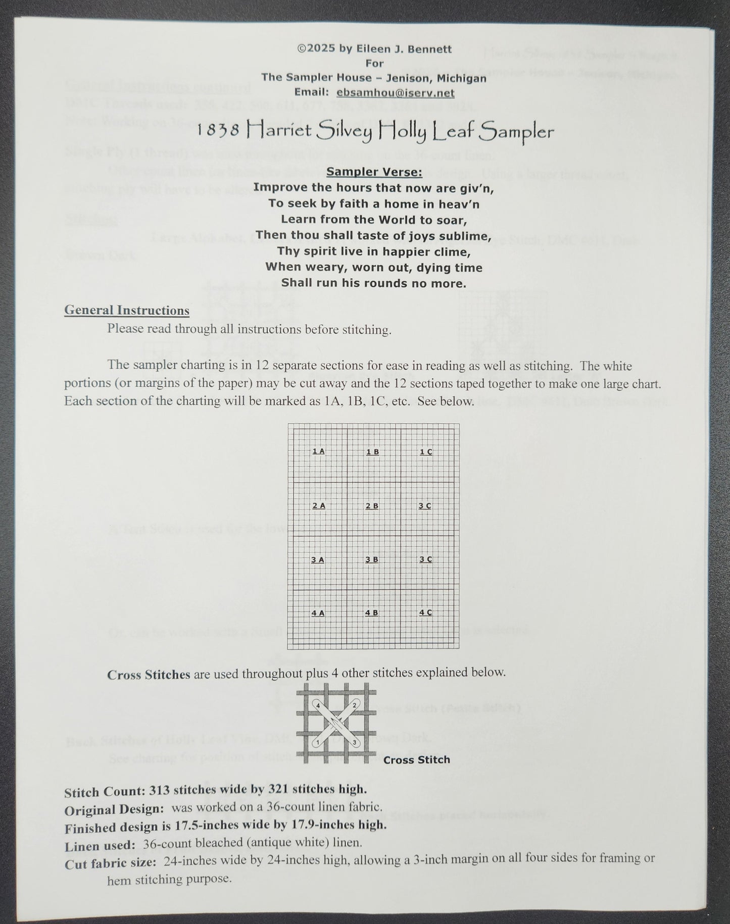 Harriet Silvey 1838 Holly Leaf Border Sampler